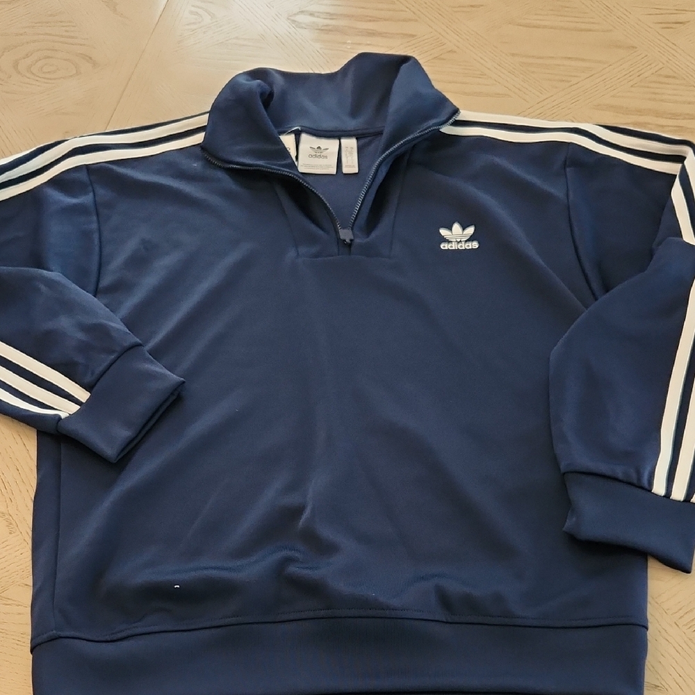 NWT Adidas Funnel Neck Quarter Zip Lined Navy Jacket with White Accents Size S